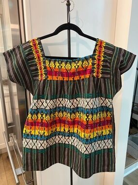 Vintage Handwoven Multicolor Embroidered Square-Neck Blouse size tag is missing.